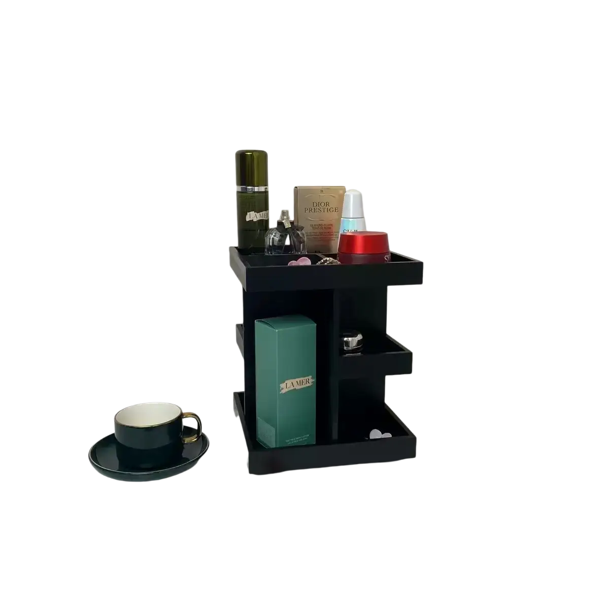 Black three-tier rotating wooden makeup organizer designed for efficient cosmetic storage and easy access