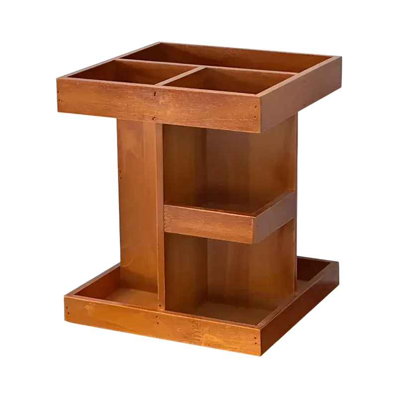 A rotating wooden makeup organizer in warm brown finish with multiple compartments and shelves for storage