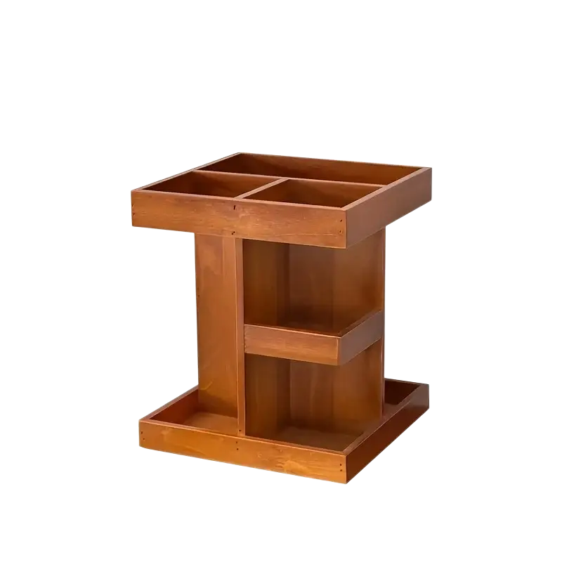 Rotating wooden makeup organizer made of medium brown wood with a divided top compartment and open lower shelf