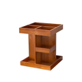 Rotating wooden makeup organizer made of medium brown wood with a divided top compartment and open lower shelf