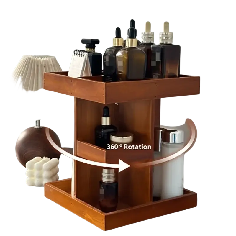 Wooden two-tier rotating makeup organizer with warm brown finish and minimalist design for vanity storage