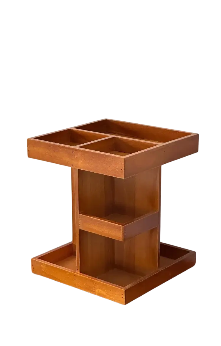 A warm-toned wooden rotating makeup organizer with tiered design featuring multiple compartments and open shelves