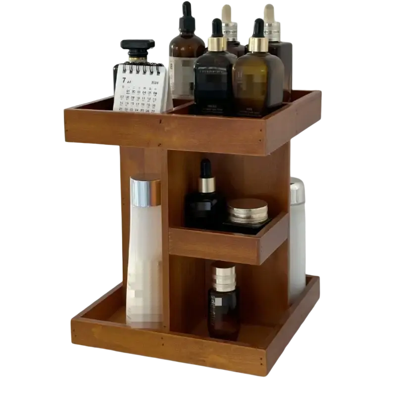 Rotating wooden makeup organizer with three warm-toned tiers holding skincare bottles and a calendar in minimalist design