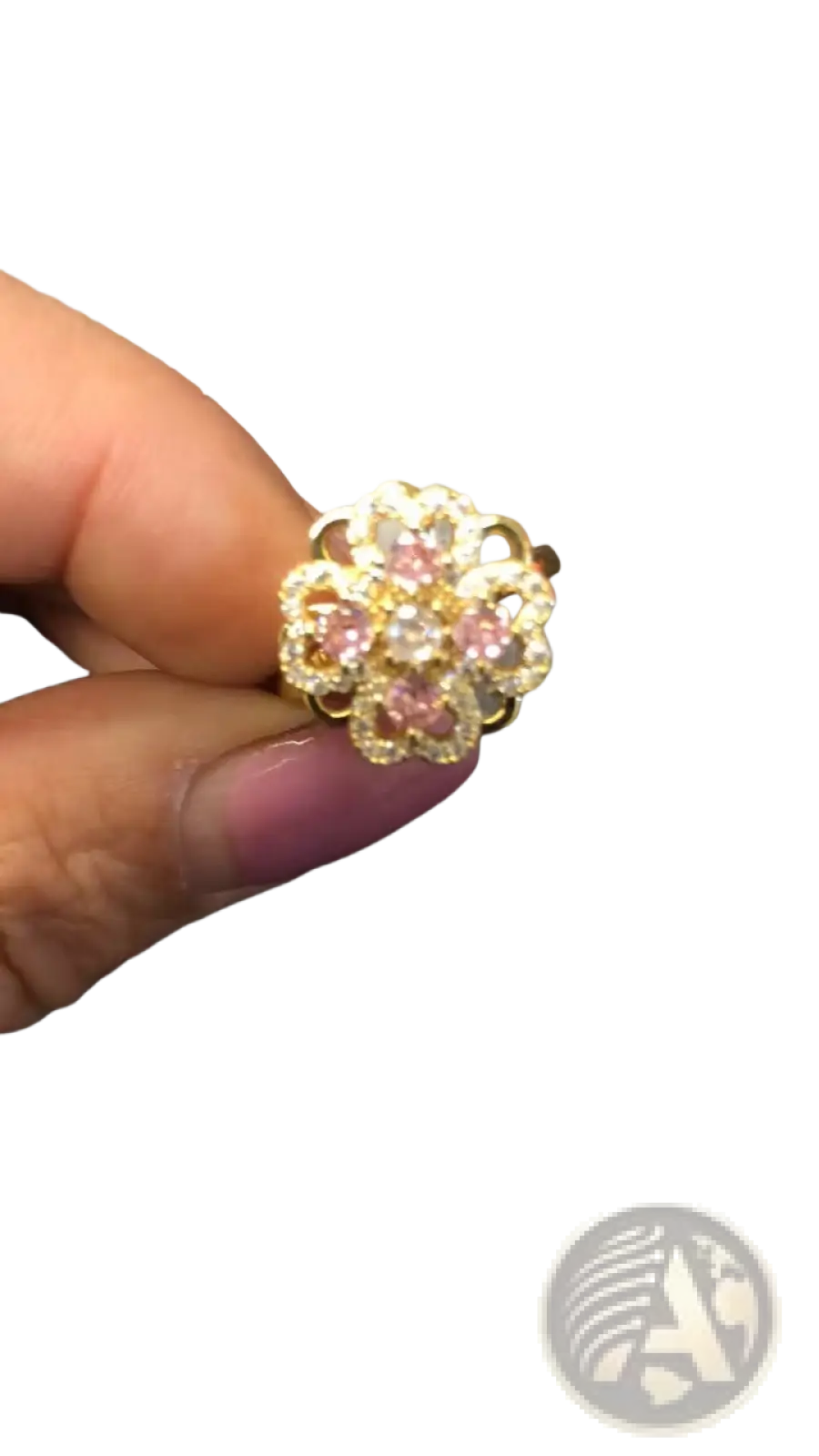 Delicate gold rotating zircon four leaf clover adjustable ring with pink and clear gemstones in floral design