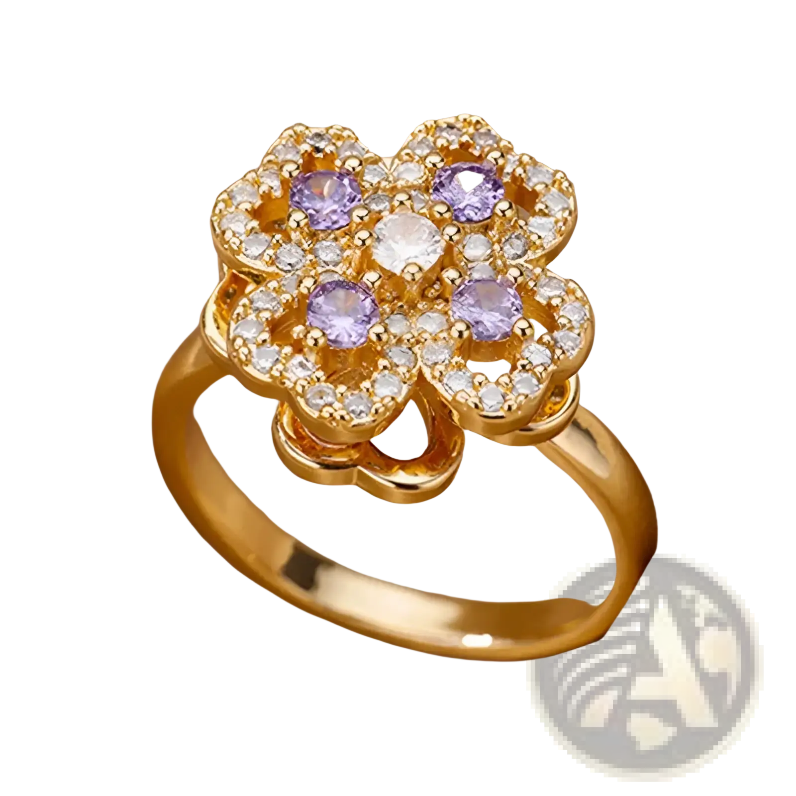 Rotating zircon four leaf clover adjustable gold ring gold plated with purple and clear cubic zirconia stones