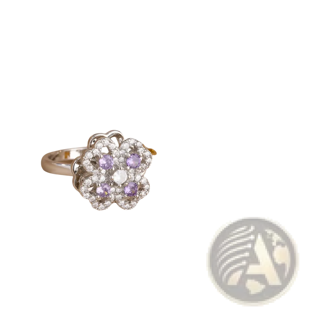 A delicate silver flower-shaped rotating zircon four leaf clover adjustable gold ring with clear and purple gemstones