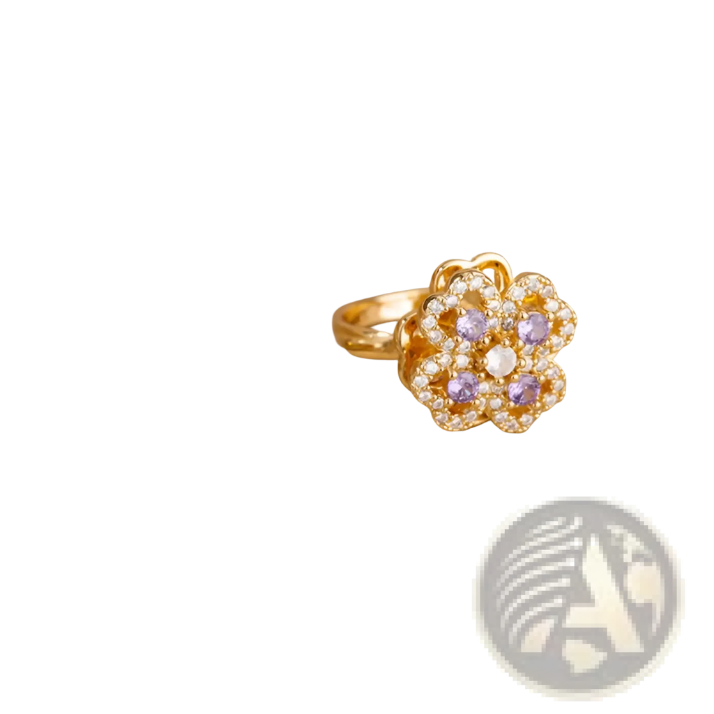 Gold-toned flower-shaped rotating zircon four leaf clover adjustable ring adorned with purple and clear gemstones