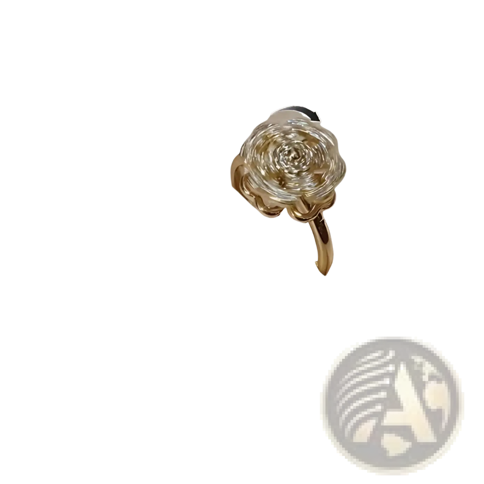 A delicate gold rotating zircon four leaf clover adjustable ring with an intricate multi-layered rose design and clear stones
