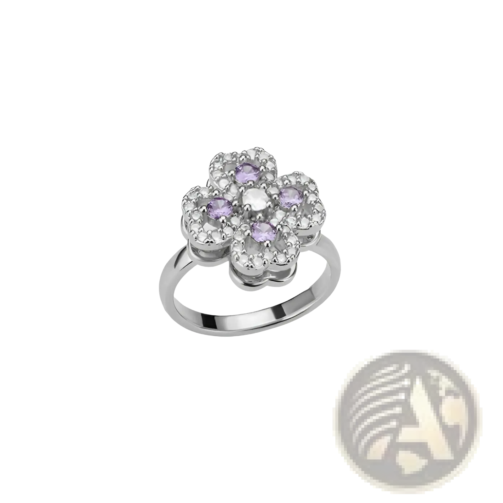 Delicate silver flower ring with five petals each featuring a central lavender gemstone and clear stones in an adjustable gold setting