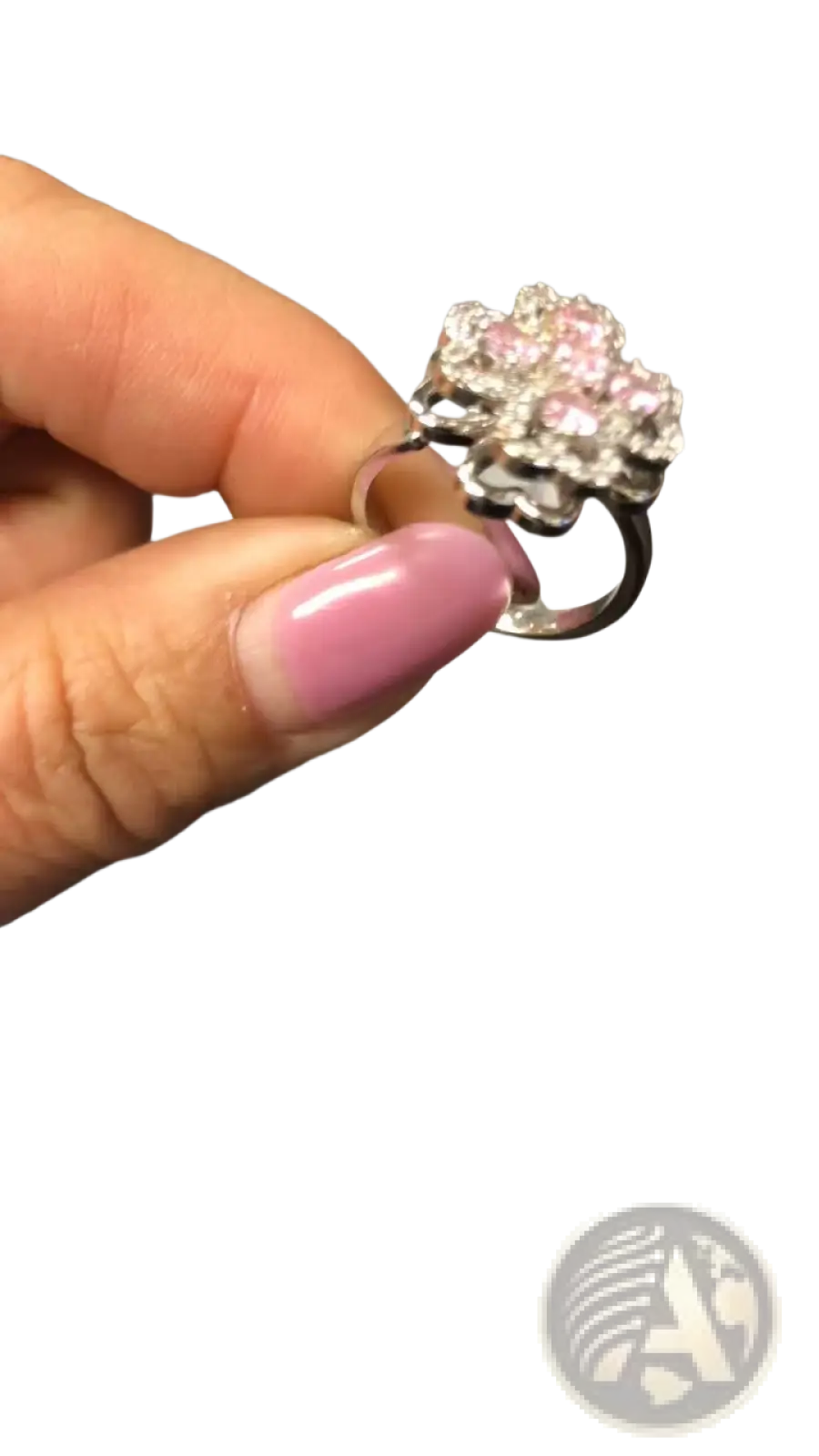 Delicate silver rotating zircon four leaf clover adjustable ring with floral design and pink and clear gemstones