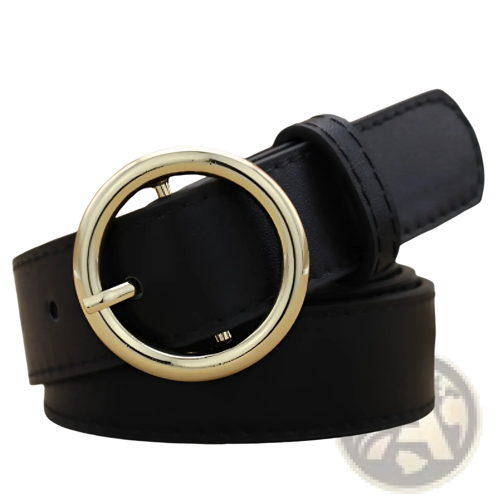 Black leather belt with a gold-toned round buckle for women fashion versatile styling