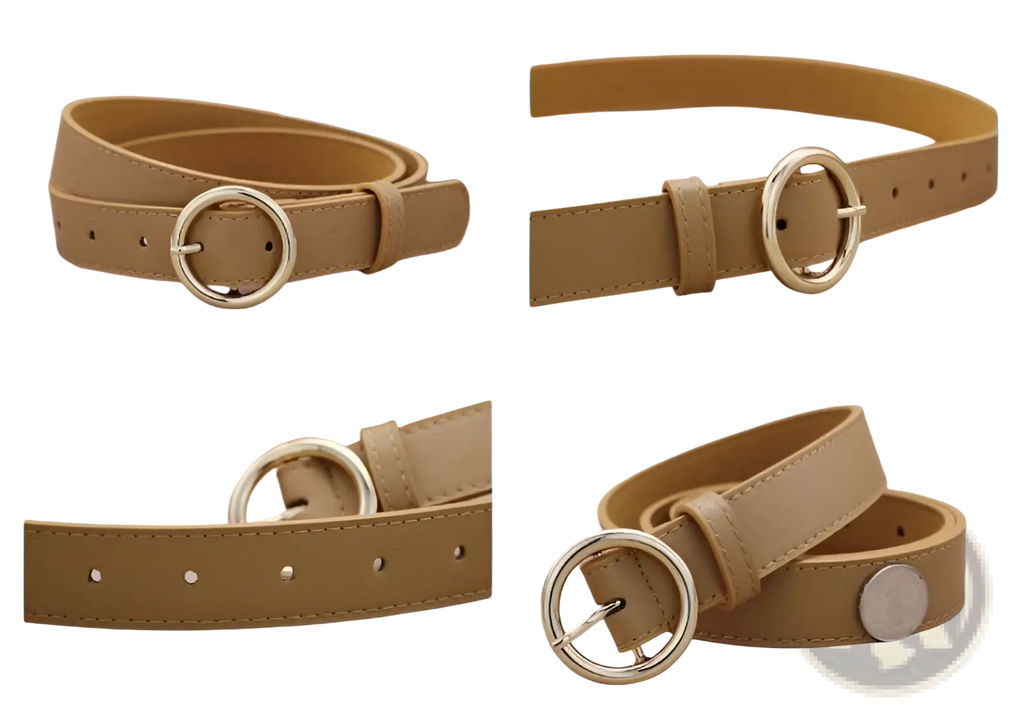 Tan leather belt for women featuring a gold-toned round buckle, versatile for fashion use