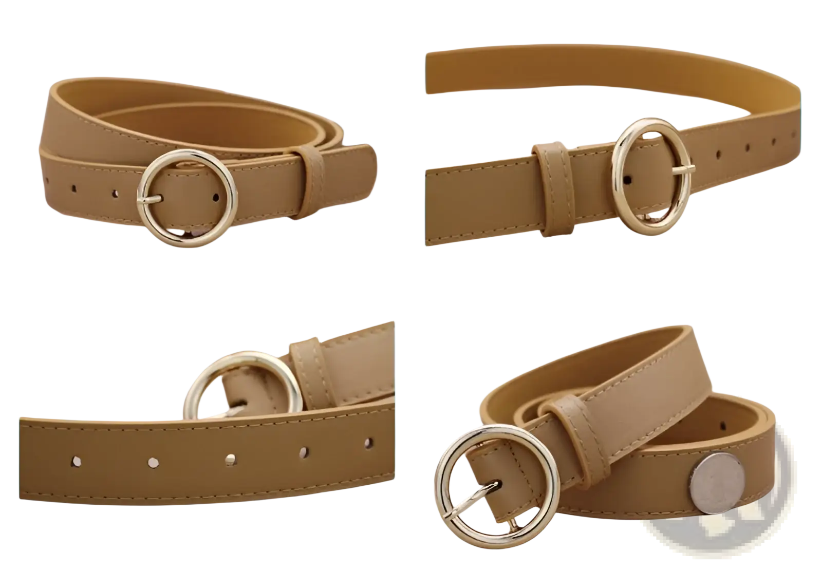 Tan leather belt for women featuring a gold-toned round buckle, versatile for fashion use