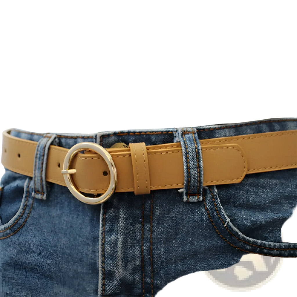 Tan leather belt with gold-toned round buckle for women fashion versatile accessory