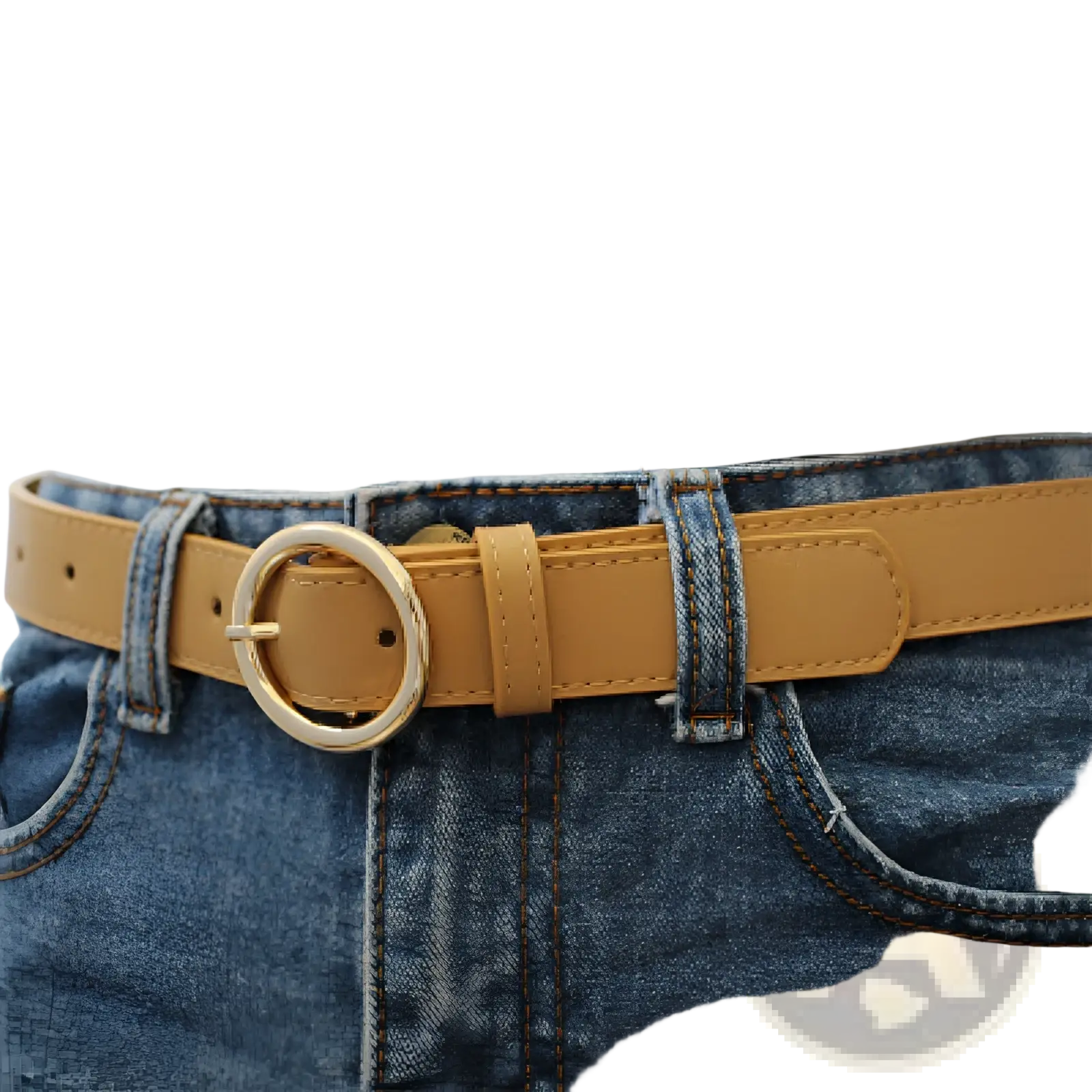 Tan leather belt with gold-toned round buckle for women fashion versatile accessory