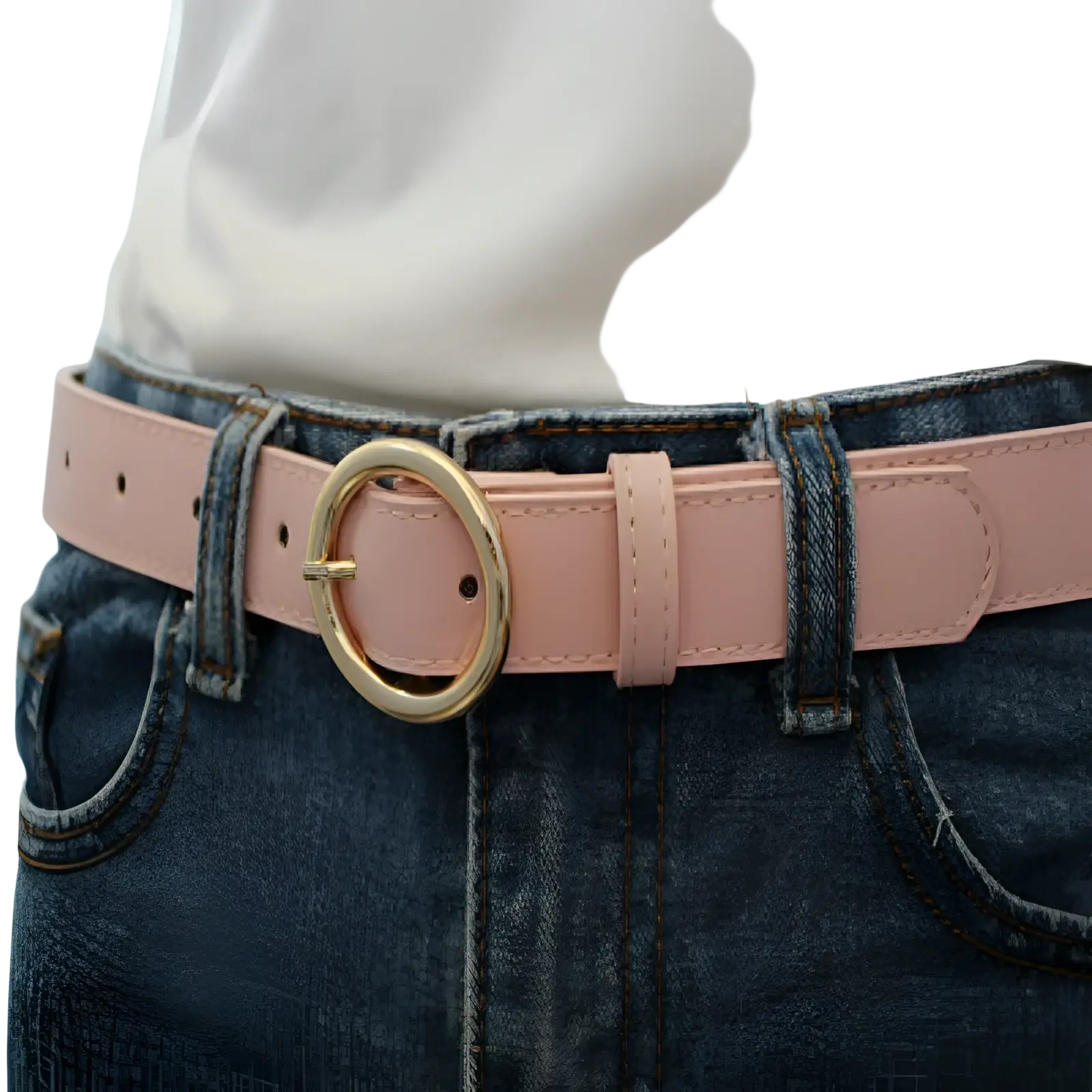 A delicate pink leather round buckle belt with gold-toned circular buckle for versatile women fashion