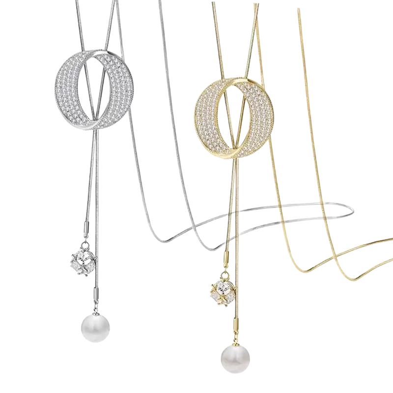 Silver and gold round circle pendant necklace with diamond-encrusted crystals and dangling pearl pendants for women
