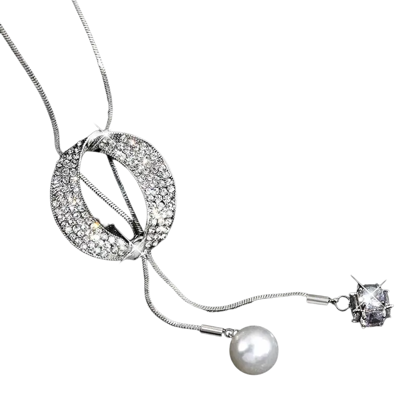 Silver crescent round circle pendant necklace with sparkling crystals and a dangling pearl for women jewelry