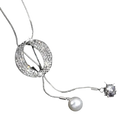 Silver crescent round circle pendant necklace with sparkling crystals and a dangling pearl for women jewelry