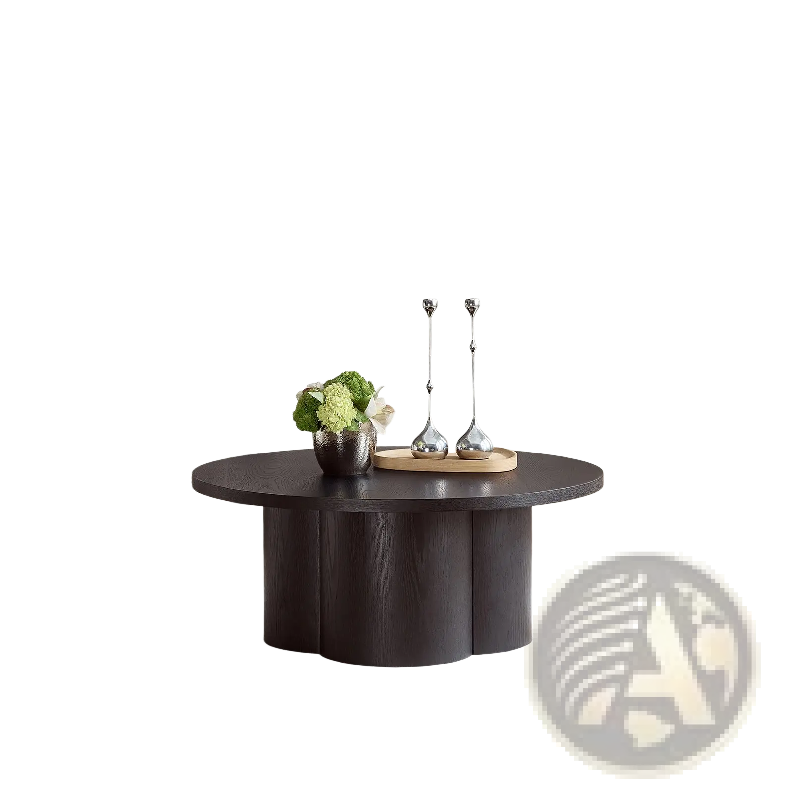 Round coffee table in dark wood with a smooth circular top and modern sculpted base for accent use