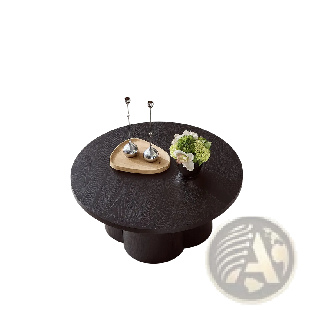 Dark wood round coffee table with a unique sculpted base designed as a modern accent piece
