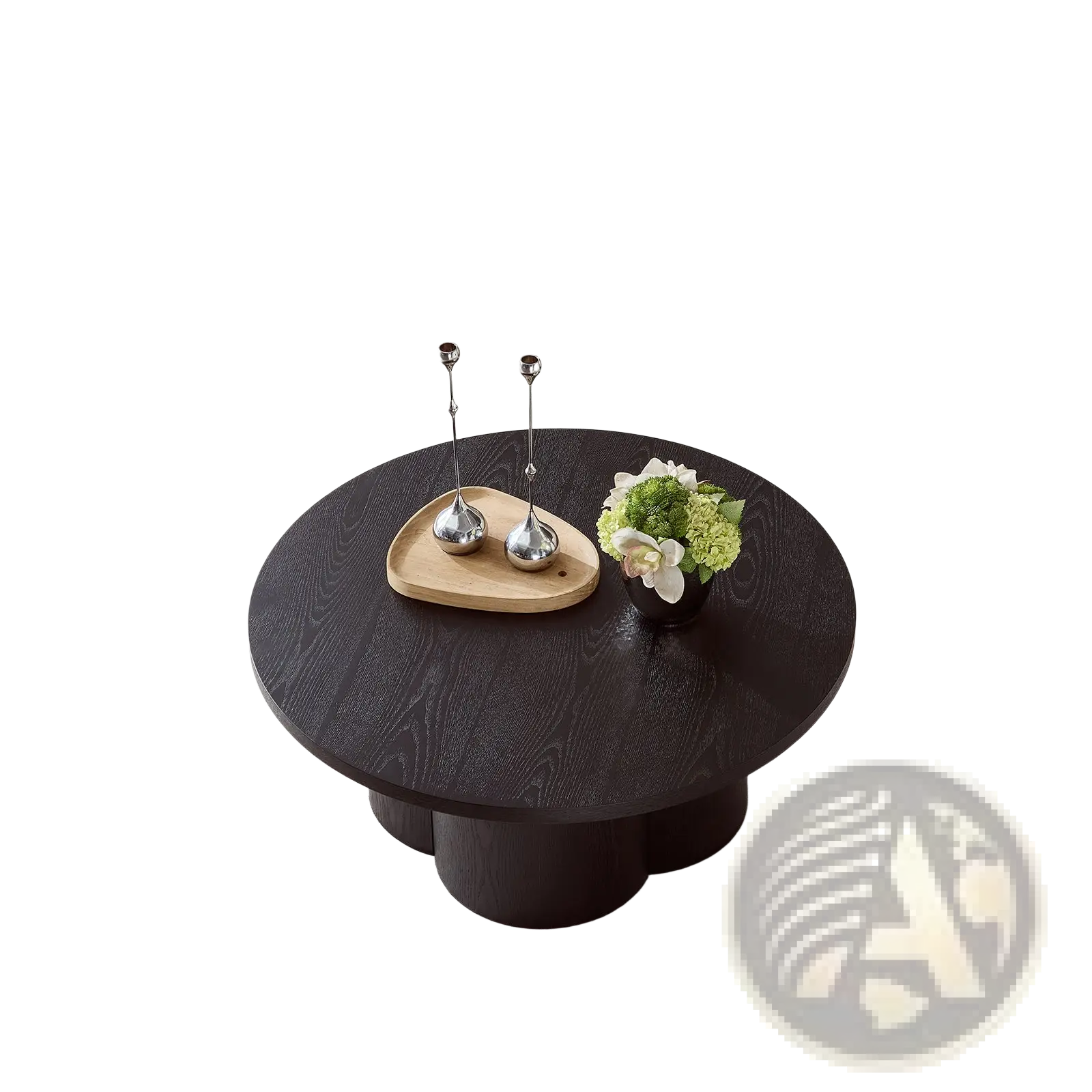 Dark wood round coffee table with a unique sculpted base designed as a modern accent piece