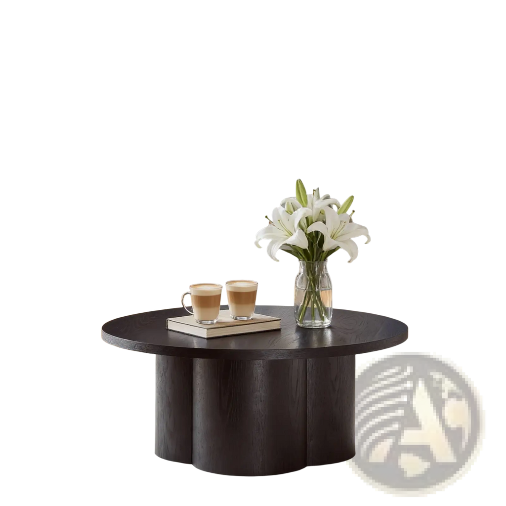 Round coffee table in dark wood with a unique sculpted base and smooth matte finish for modern accent use