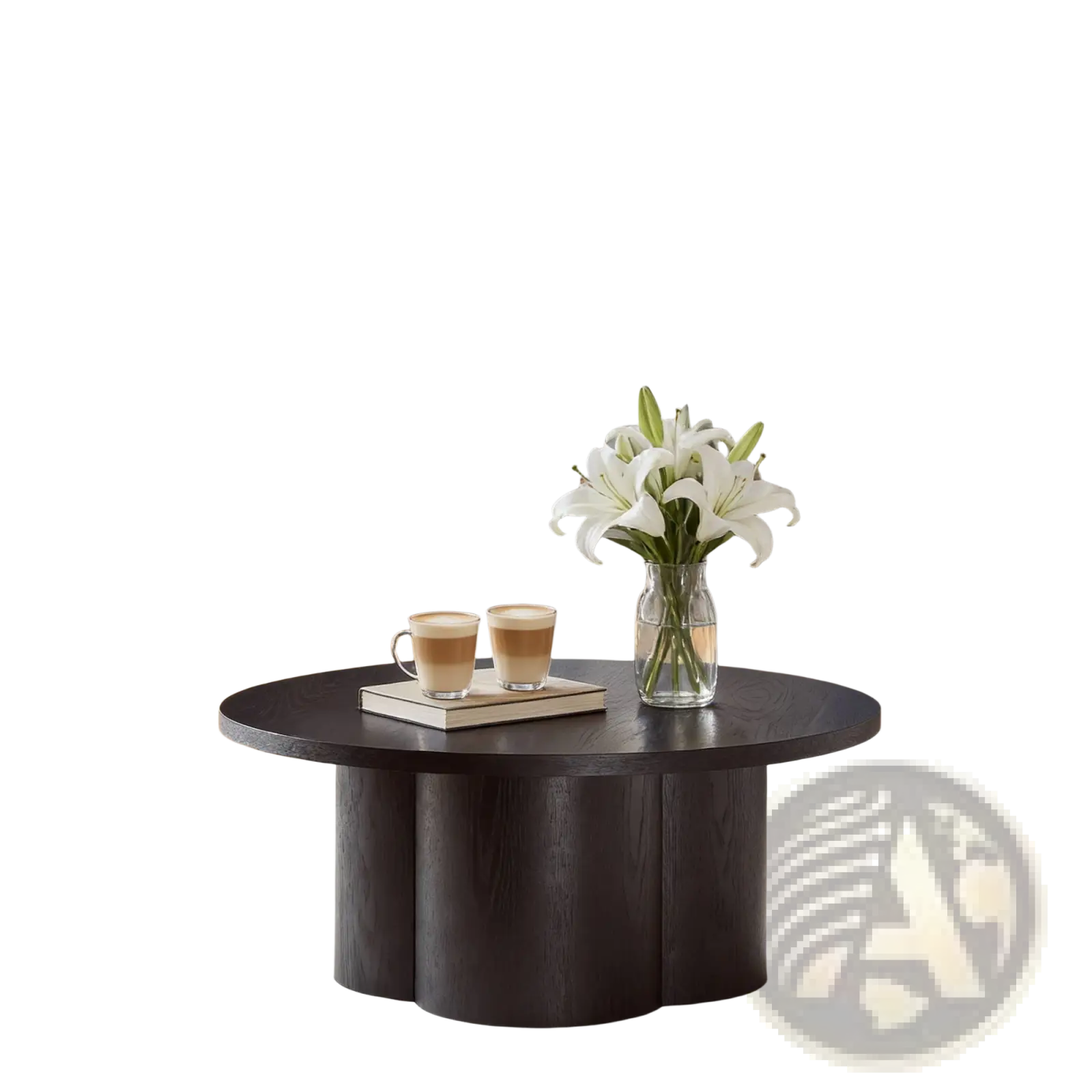 Round coffee table in dark wood with a unique sculpted base and smooth matte finish for modern accent use