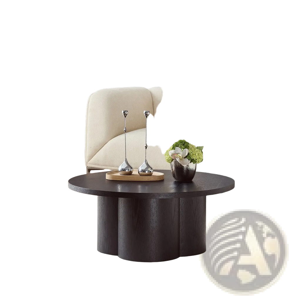 Round coffee table in dark wood with a sculpted segmented base and modern design for stylish living spaces