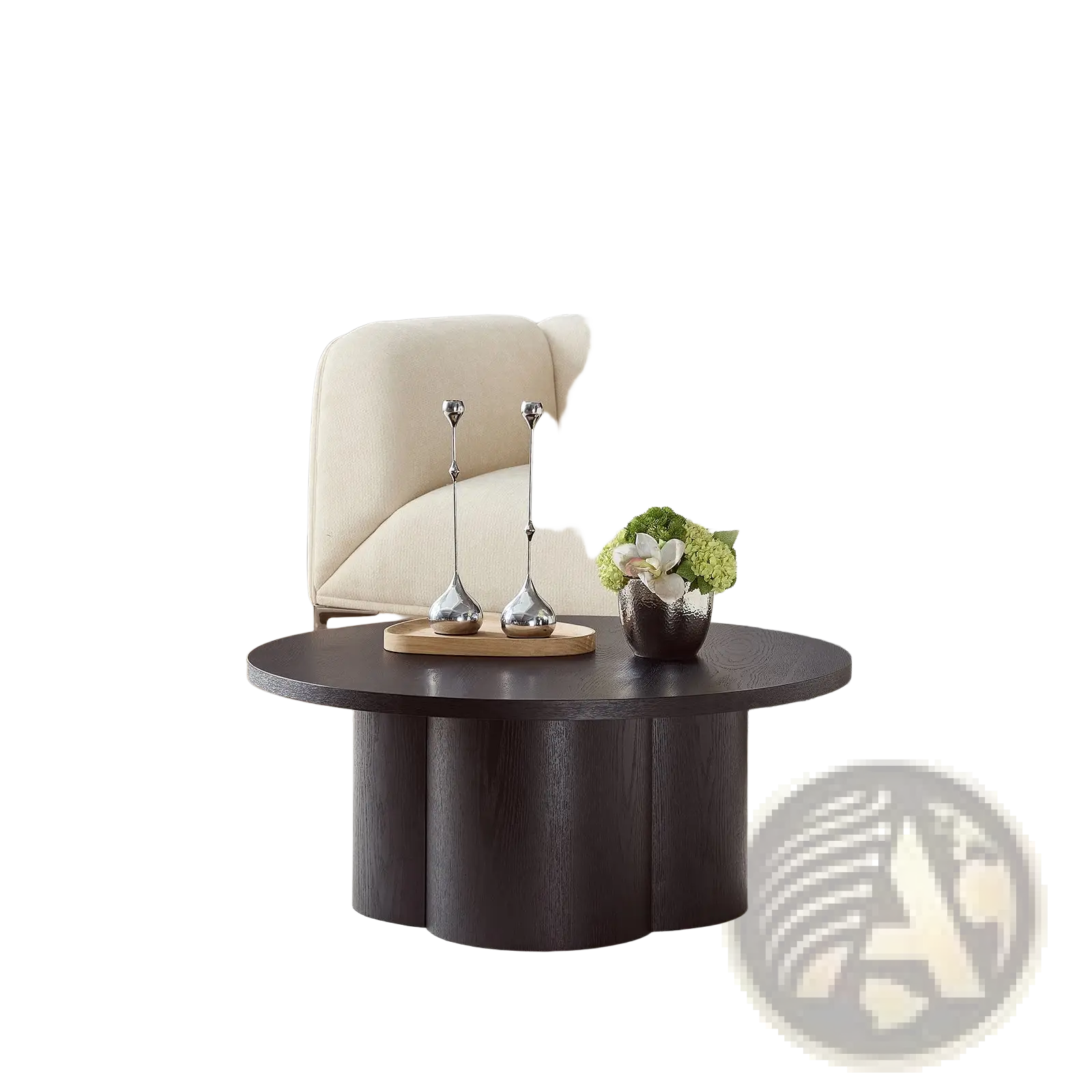 Round coffee table in dark wood with a sculpted segmented base and modern design for stylish living spaces
