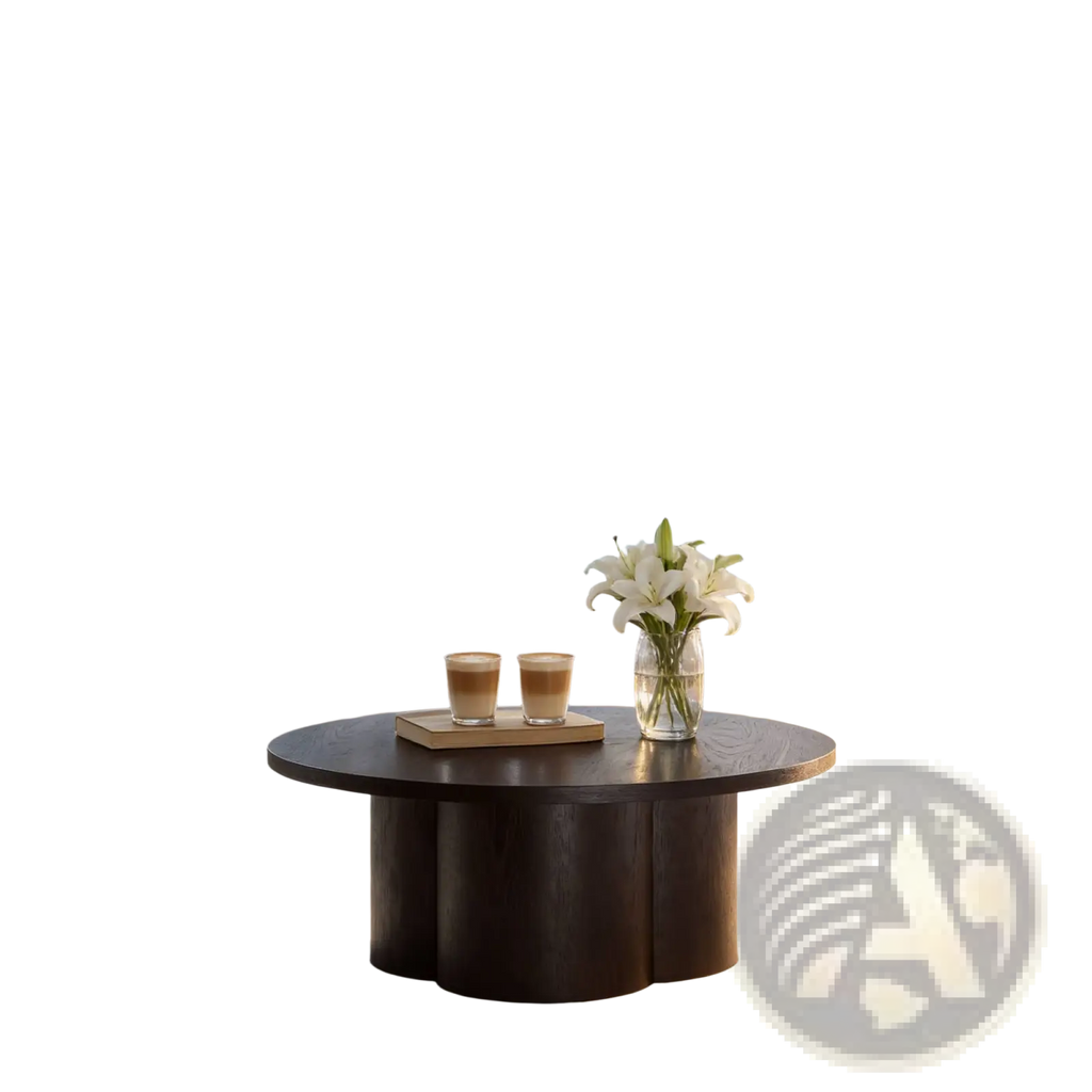 Dark wood round coffee table with a unique organic segmented base design modern sculpted accent piece