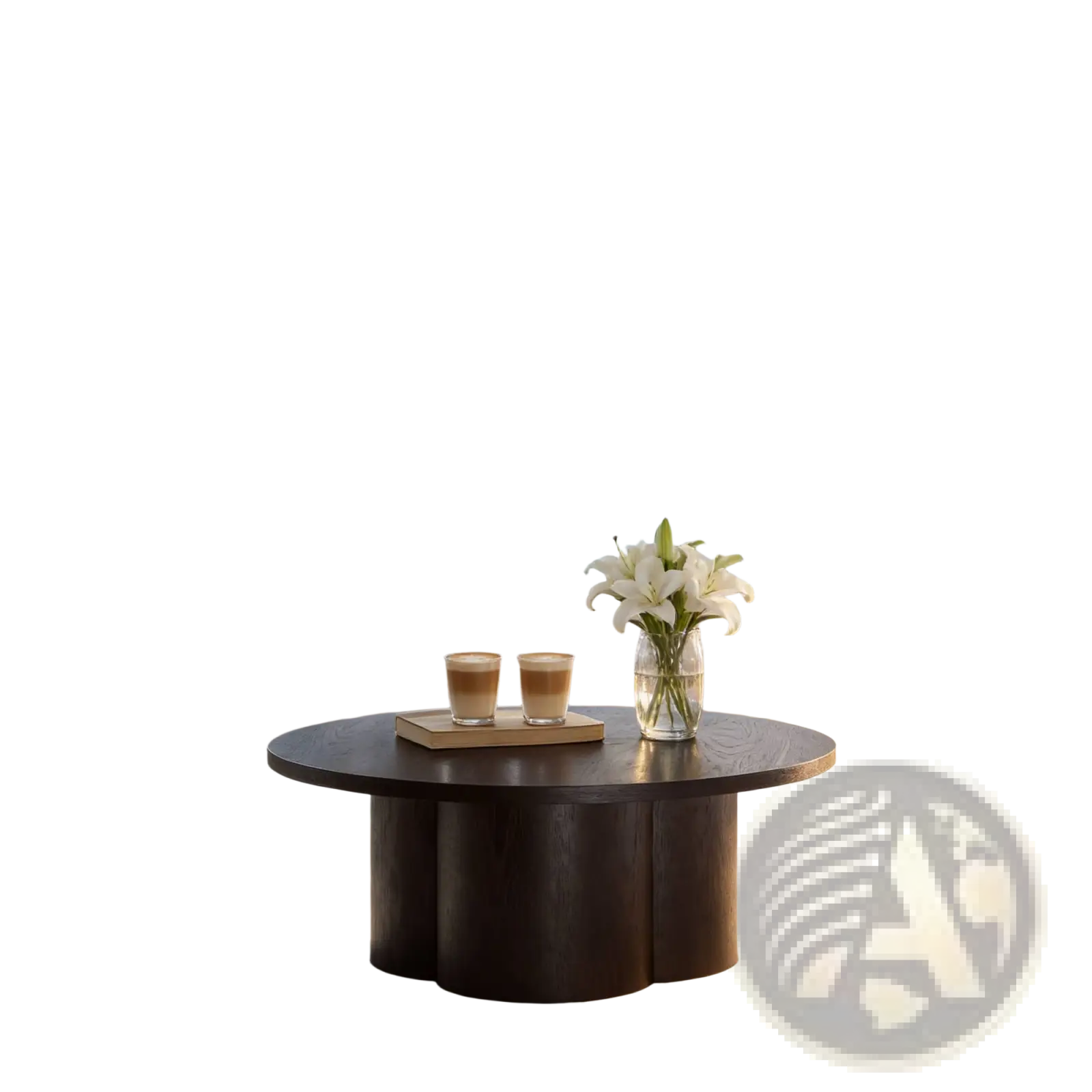 Dark wood round coffee table with a unique organic segmented base design modern sculpted accent piece