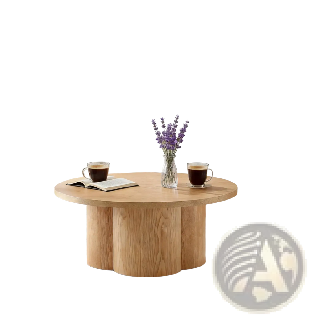 Round coffee table in natural light wood featuring a modern segmented pedestal base design for living rooms