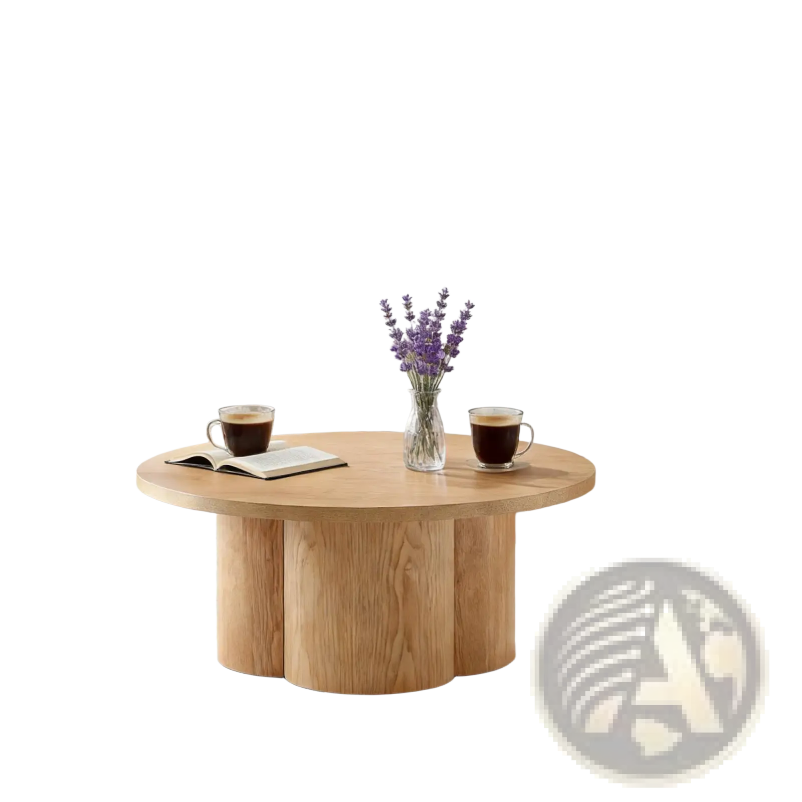 Round coffee table in natural light wood featuring a modern segmented pedestal base design for living rooms
