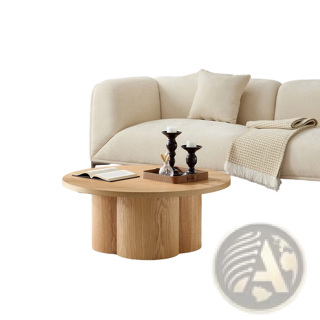 Light-colored wooden round coffee table with segmented cylindrical pedestal base in natural wood finish