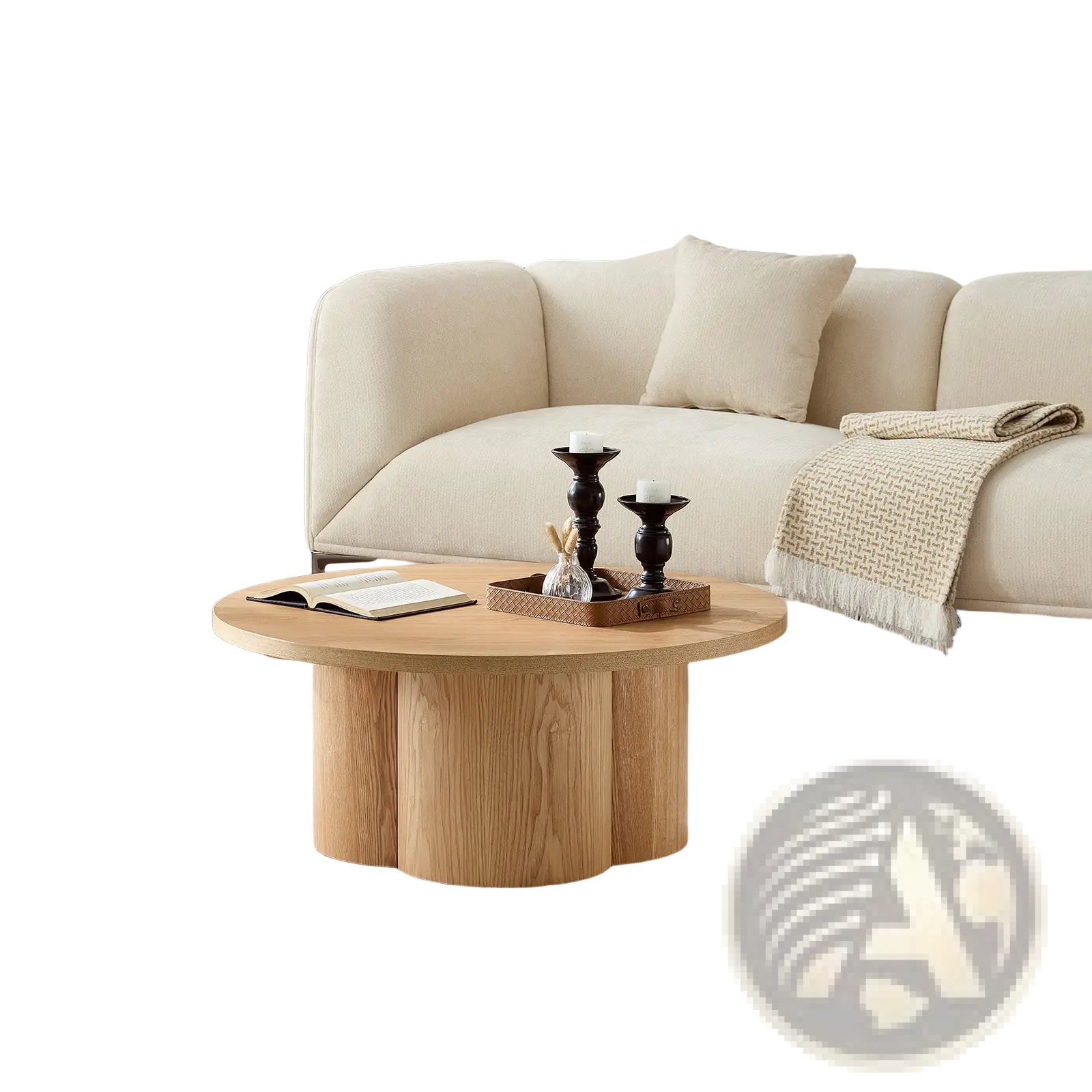 Light-colored wooden round coffee table with segmented cylindrical pedestal base in natural wood finish