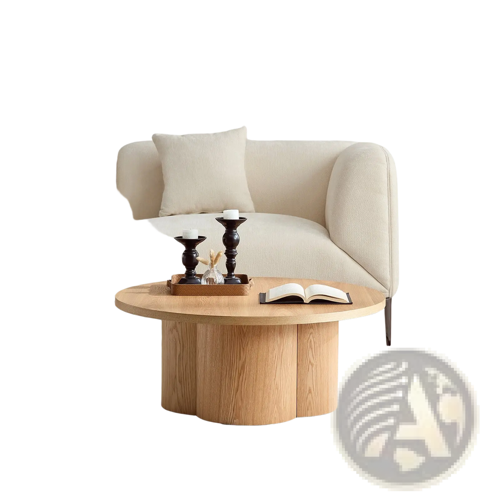 Round coffee table in natural light wood with smooth finish and sturdy modern pedestal base for living rooms