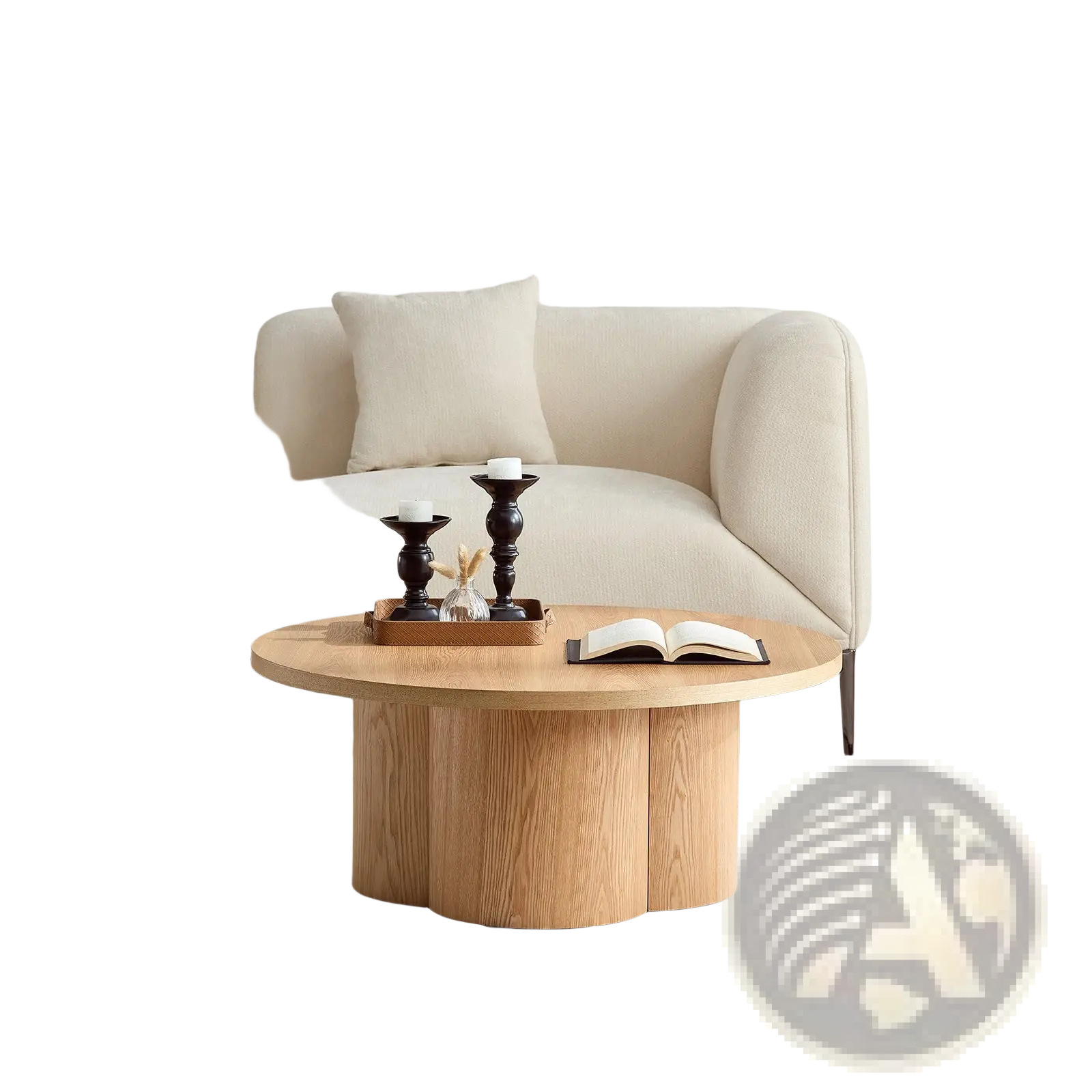 Round coffee table in natural light wood with smooth finish and sturdy modern pedestal base for living rooms