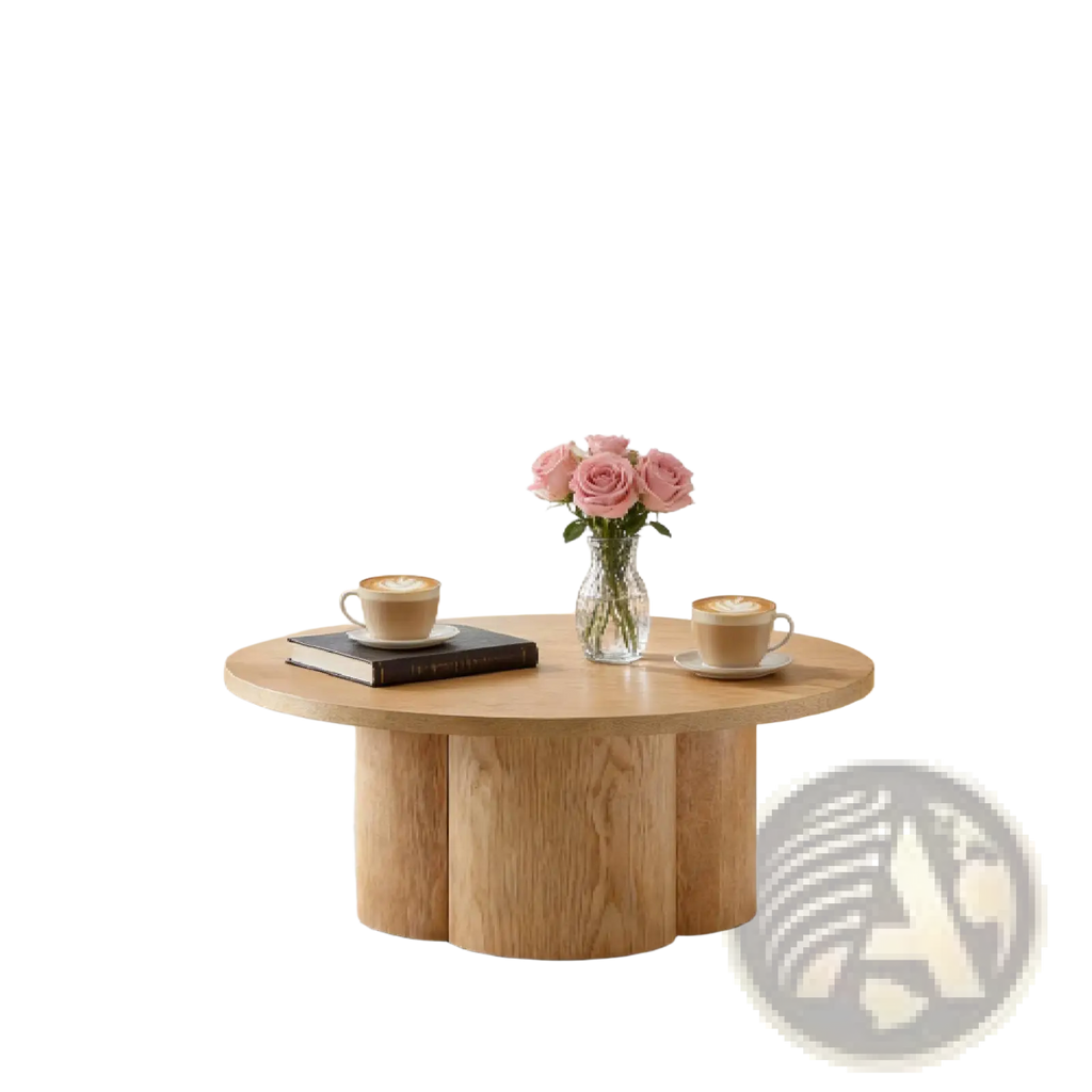 Round coffee table with light natural wood finish and three cylindrical legs featuring a modern pedestal base