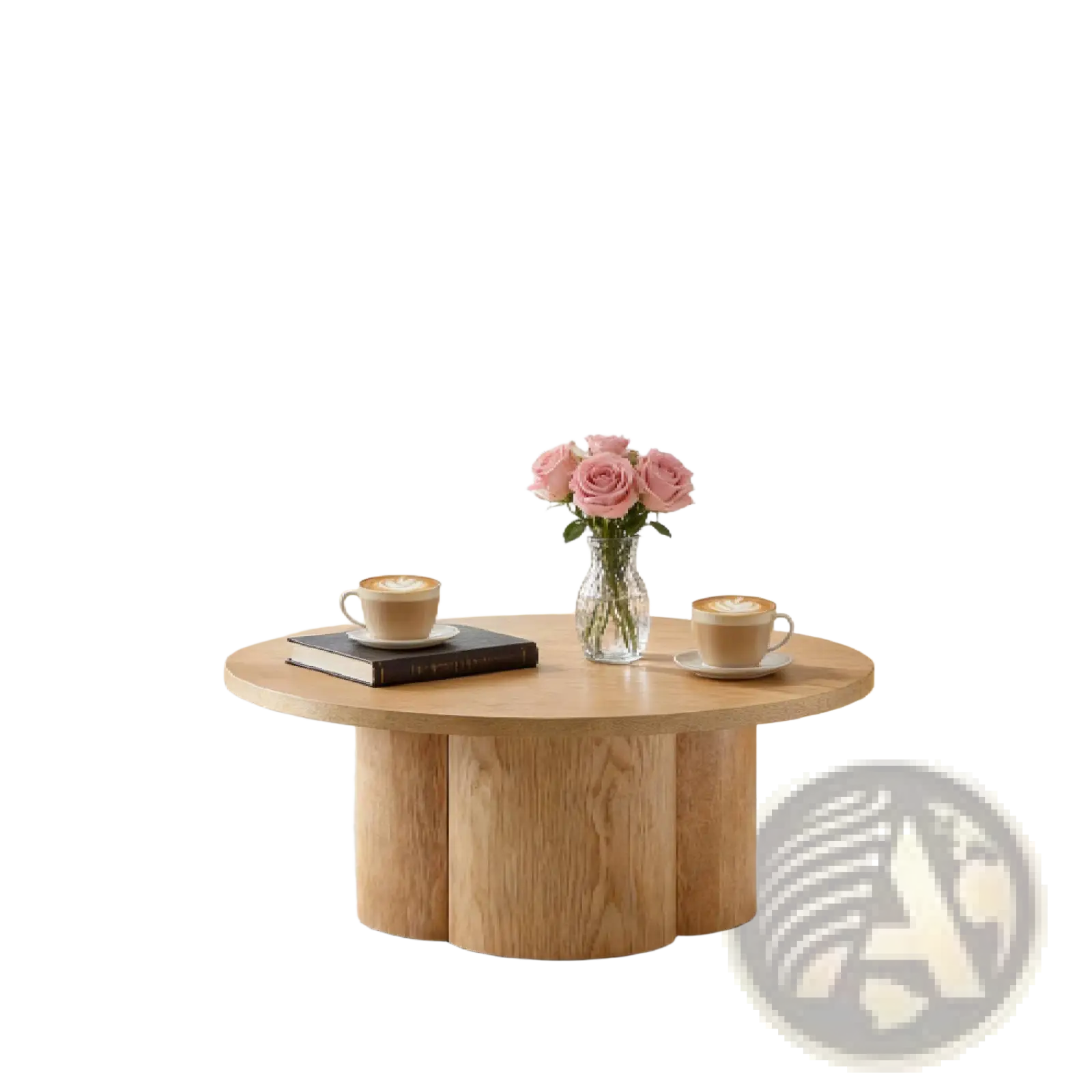 Round coffee table with light natural wood finish and three cylindrical legs featuring a modern pedestal base