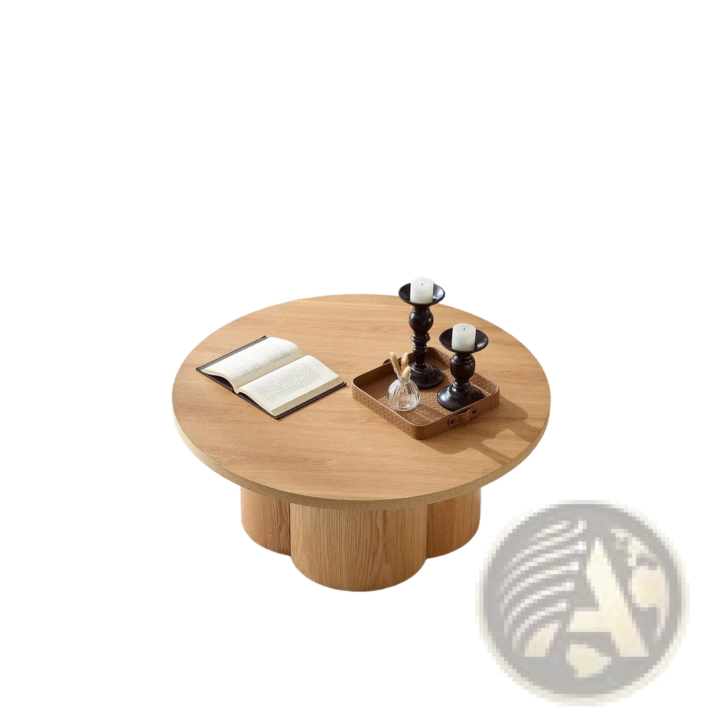 Round wooden coffee table with natural finish and modern sculpted pedestal base for stylish living spaces