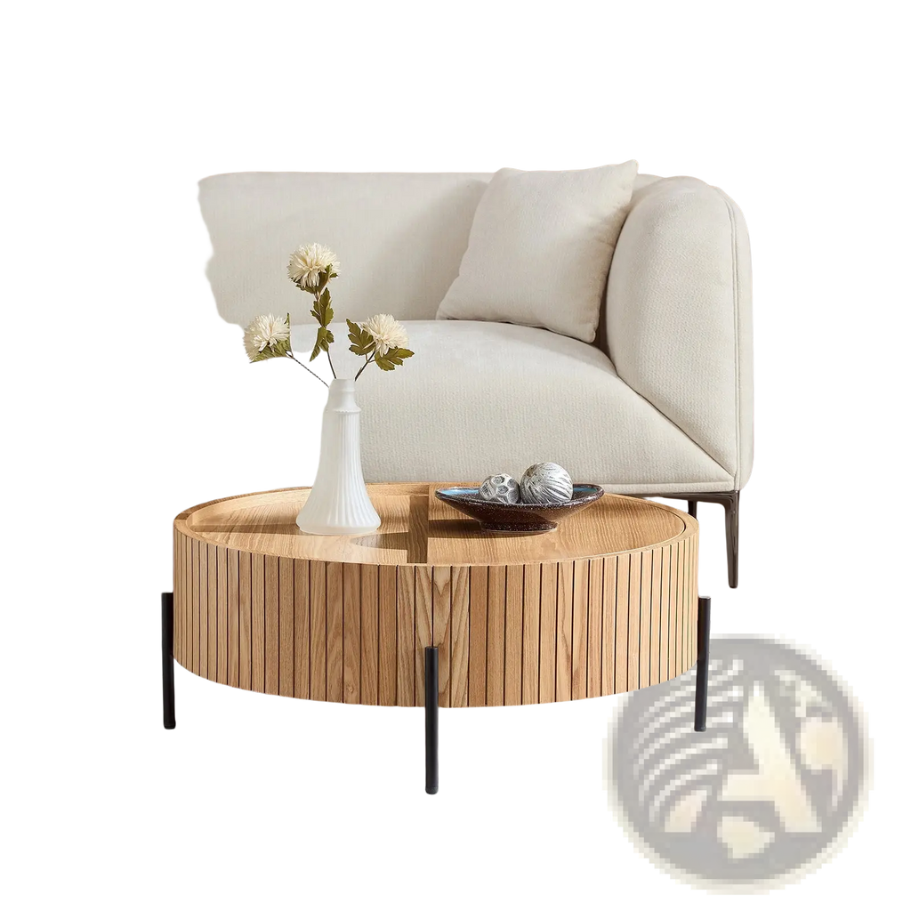 Round coffee table with storage featuring slatted wood detail and black metal legs in natural wood finish