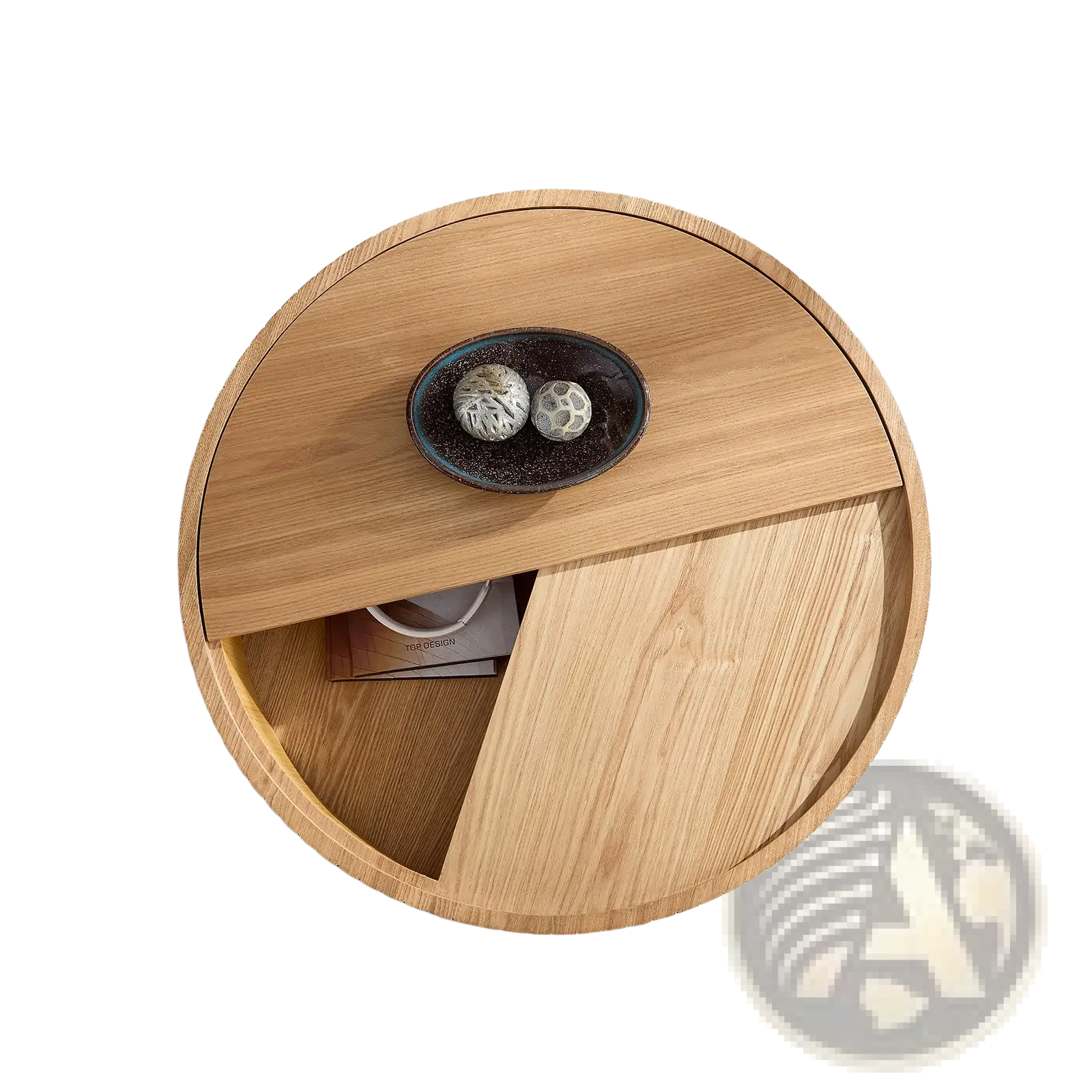 Round oak coffee table with hinged lid and hidden storage compartment featuring slatted wood detail