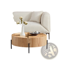 Round wooden coffee table with vertical slats black metal legs and storage featuring slatted wood detail