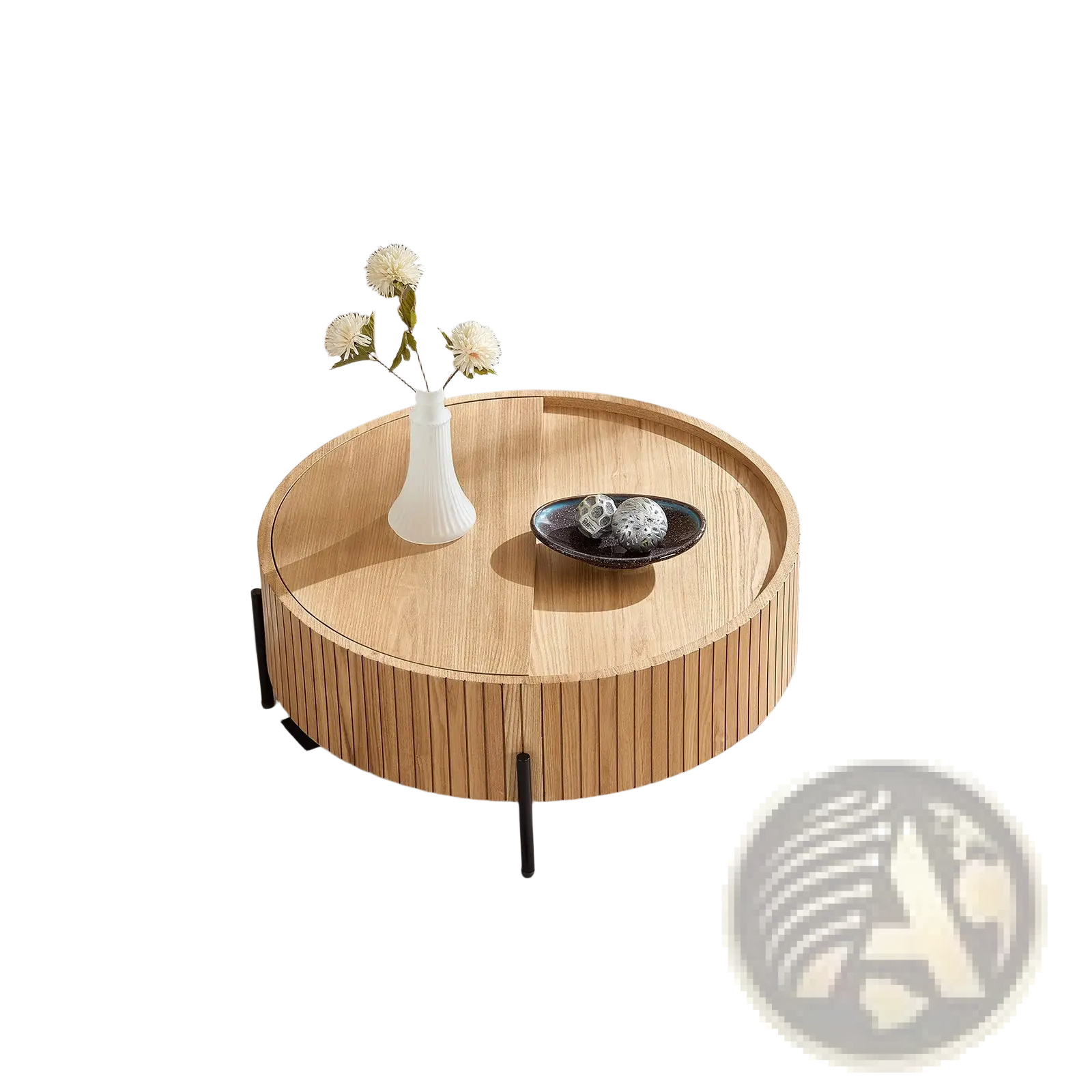 Round wooden coffee table with vertical slats and black metal legs featuring storage and slatted wood detail