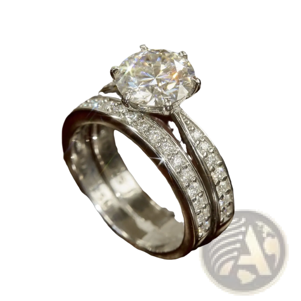 A sparkling round cut zircon wedding ring set in white gold finish with prong and pavé-set diamond bands