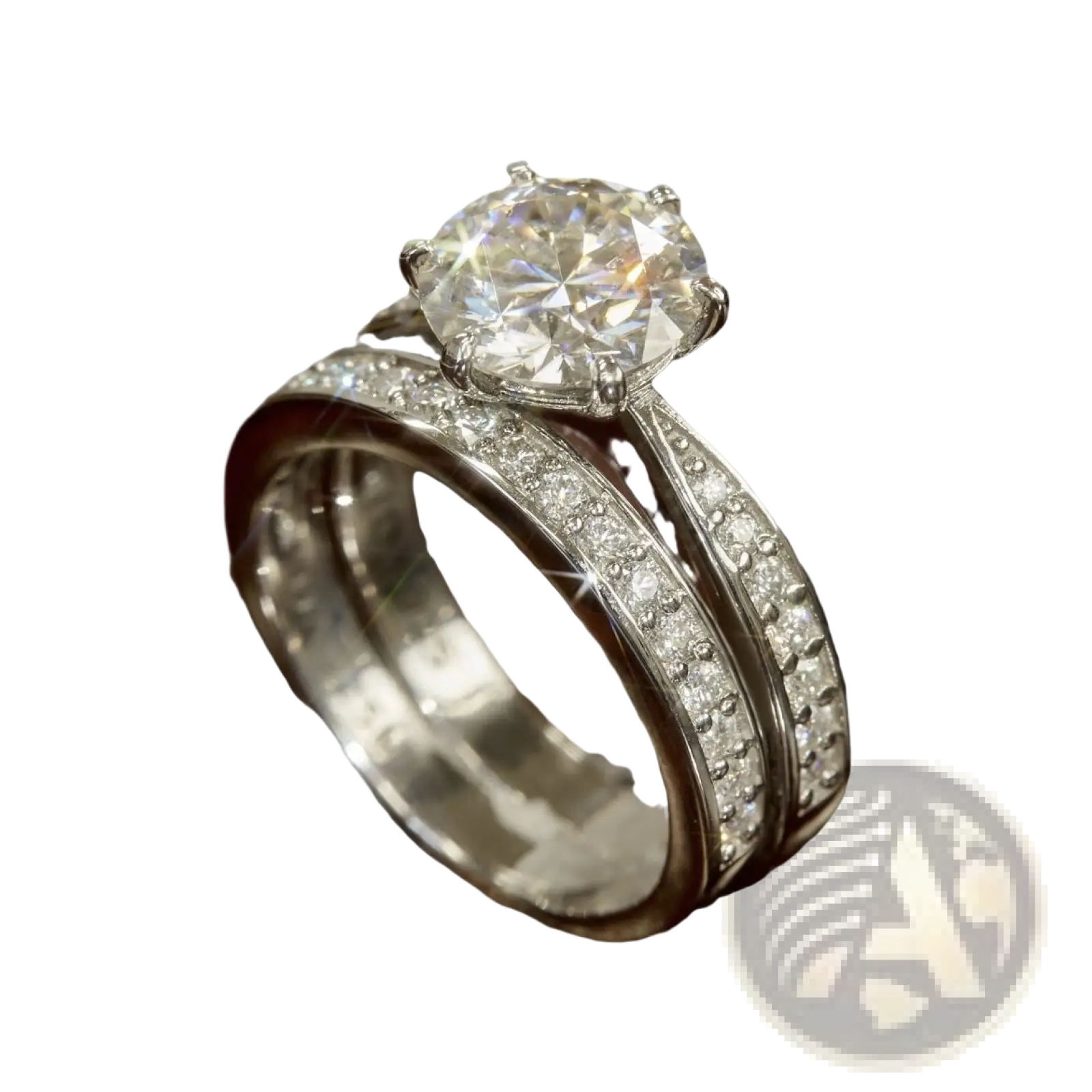 A sparkling round cut zircon wedding ring set in white gold finish with prong and pavé-set diamond bands