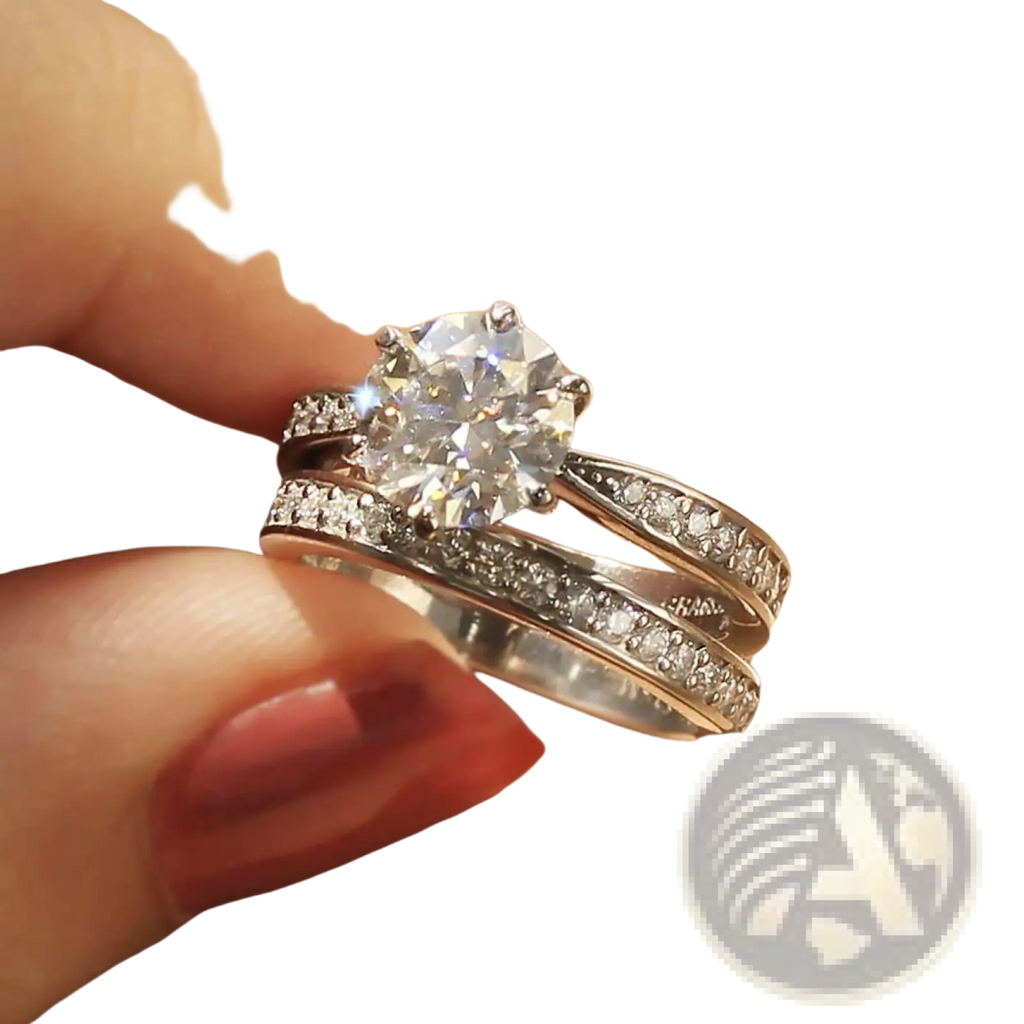 A round cut zircon wedding ring set in white gold finish with a central stone and pave-set side bands