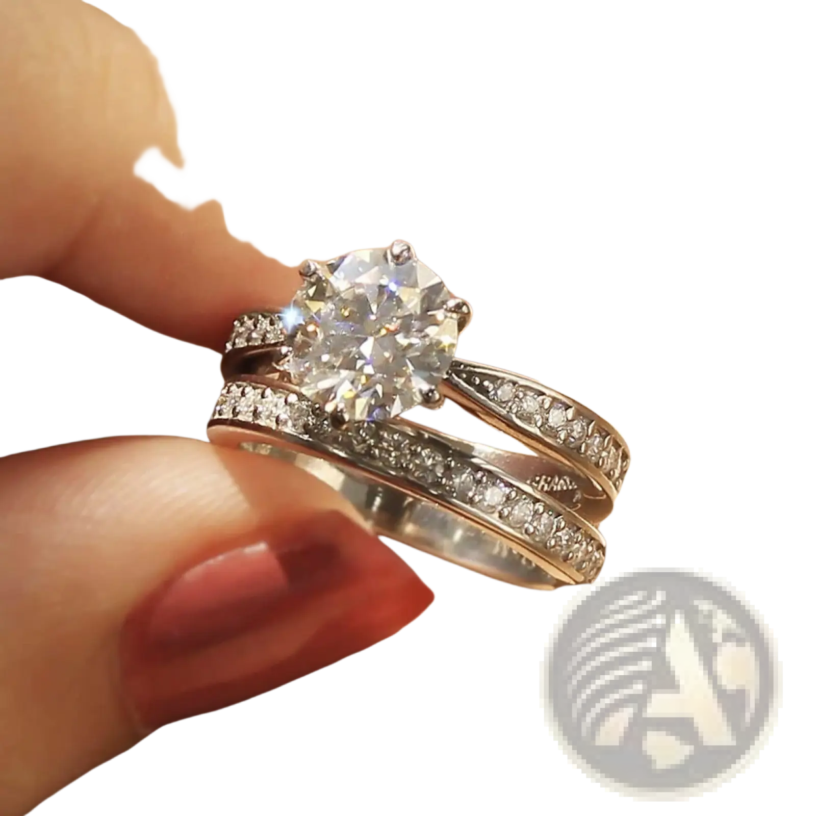 A round cut zircon wedding ring set in white gold finish with a central stone and pave-set side bands
