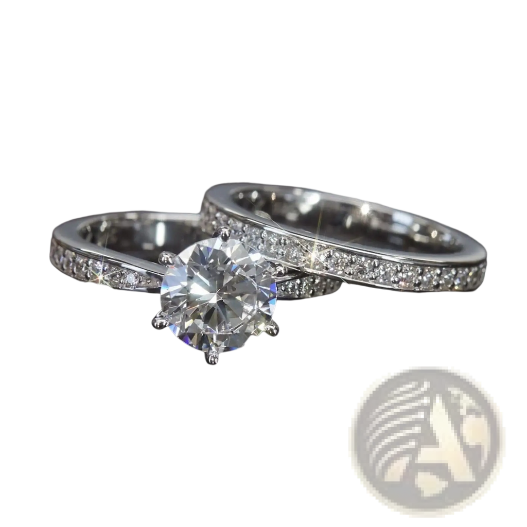 A sparkling round cut zircon wedding ring set in white gold finish with a central stone and pavé-set band diamonds